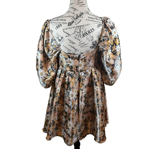 Storia Floral Babydoll Mini Dress in Brown Iridescent Size S Puff Sleeve - Picture 4 of 8
